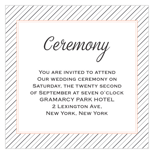 The Fine Line Ceremony Cards have a fine, bittersweet pink frame sitting atop a delicate black and white striped background.