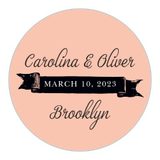 The Fine Line Wedding Stickers have a lovely, swirling calligraphy and an antique banner sitting atop a bittersweet pink background, making for a truly sensational design.