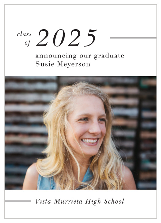 The Banner Year Graduation Announcement displays your perfect graduation photo as the centerpiece of this design.