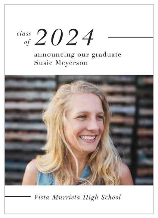 The Banner Year Graduation Announcement displays your perfect graduation photo as the centerpiece of this design.