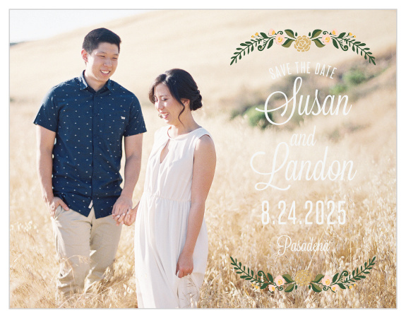 Your romantic engagement photo is the star of this design! It is overlaid with a delicate floral wreath and your information off to the right.