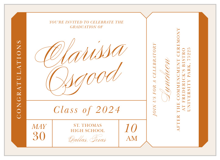 Bring your friends and family together to celebrate your pivotal achievement with the chic look of our Class Ticket Graduation Invitations. 