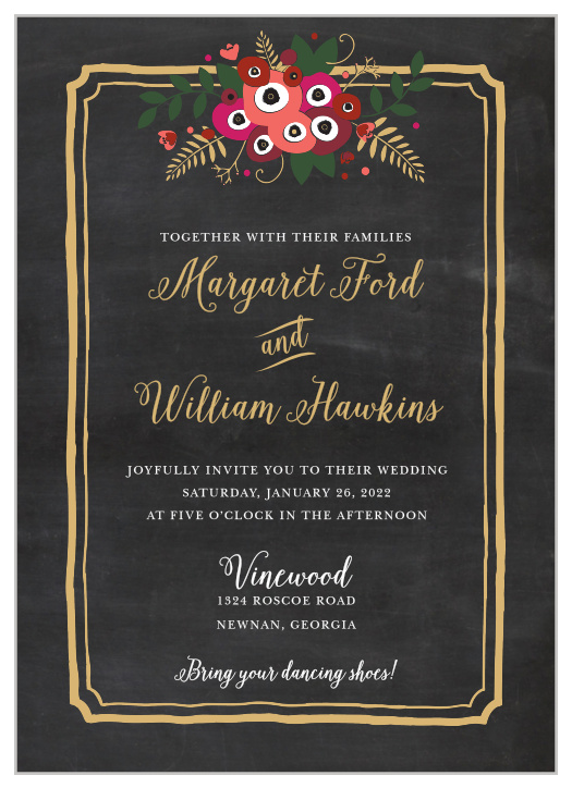 Dust off your address book and send out our Chalkboard Blossom Foil Wedding Invitations to every loved one.
