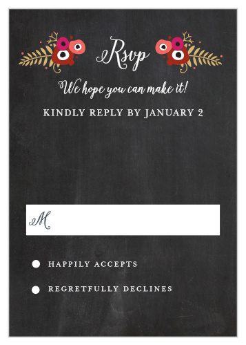 Beneath the gorgeous calligraphy and gentle blossoms that title our Chalkboard Blossom Foil Response Cards, your guests can write in all of their important details: their attendance (or not), their meal preferences, and anything else they feel you should know.