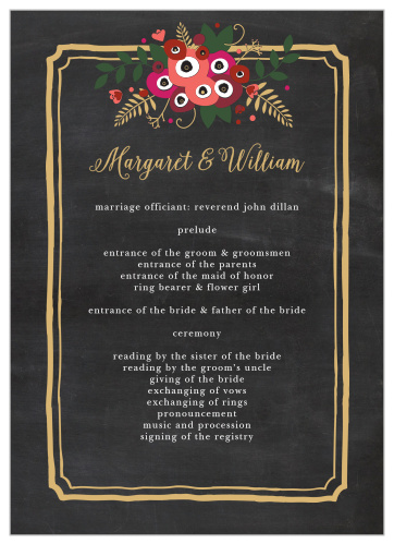 Elegantly framed by an ornate, gold foil rectangle and topped with a gorgeous bouquet of multicolored flowers, these Chalkboard Blossom Foil Wedding Programs are perfect for guiding your guests through each event in your ceremony.