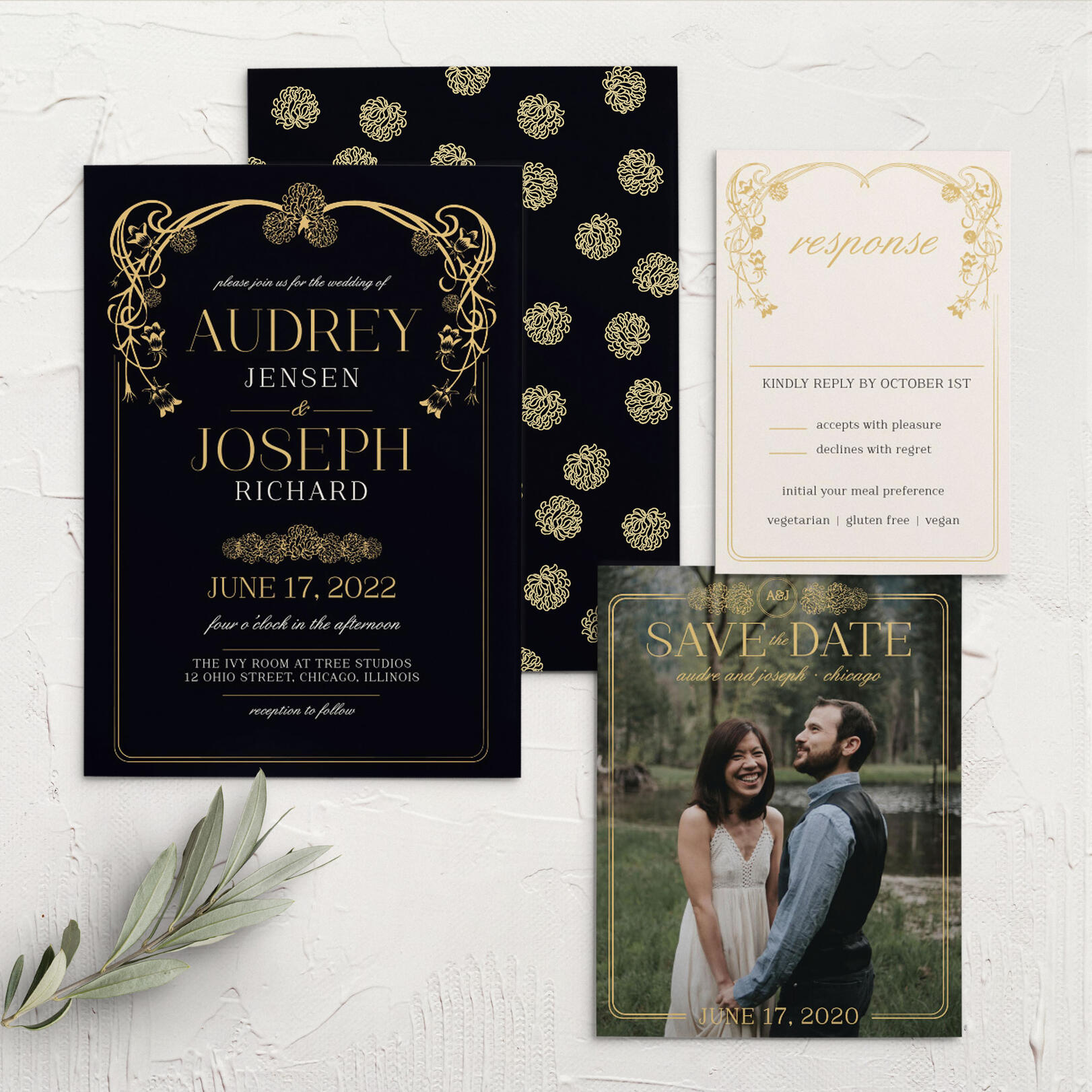 Floral Nouveau Foil Wedding Invitations