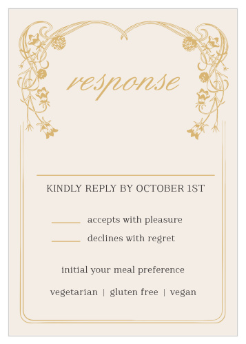 With a victorian-esque, gold foiled, floral frame set against against a pearl background, the Floral Nouveau Foil Response Cards are a classic choice to represent you on your wedding day!