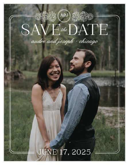 With a victorian-esque, white, floral frame set against your gorgeous engagement photo, the Floral Nouveau Save-the-Date Cards are a classic choice to represent you on your wedding day!