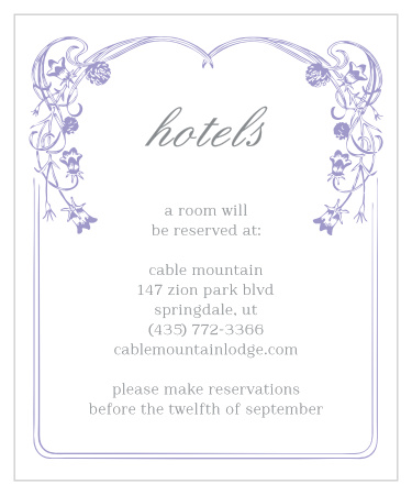With a victorian-esque, lavender, floral frame set against against a traditional, white background, the Floral Nouveau Accommodation Cards are a classic choice to represent you on your wedding day!