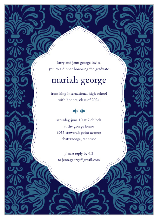 Our Formal Damask Graduation Invitation has an old-world charm with its damask pattern border and tea length style.