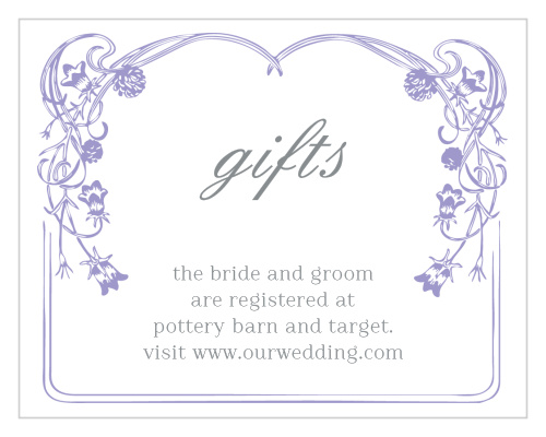 With a victorian-esque, lavender, floral frame set against against a traditional, white background, the Floral Nouveau Registry Cards are a classic choice to represent you on your wedding day!