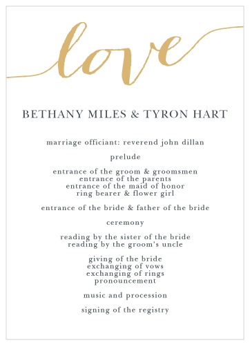 The word "love" in a gorgeous font is written on the top front of the Love Script Foil Wedding Programs.