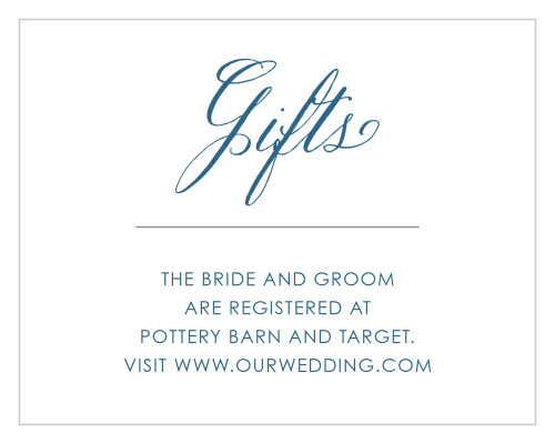 The Elegant Frame Registry Cards aim for an elegant simplicity, using only a swirling calligraphy and soft lagoon blue to embellish them.