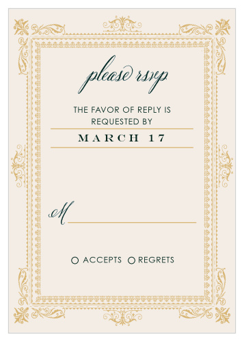 The Elegant Frame Foil Response Cards intricately frame the RSVP info in gold foil, making these simple cards stylish and sophisticated!
