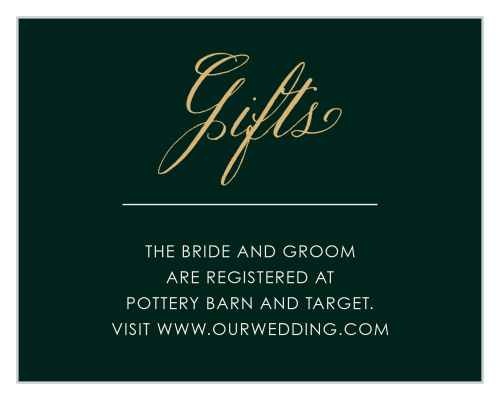 The Elegant Frame Foil Registry Cards aim for an elegant simplicity, using only a gold foiled swirling calligraphy against a Eucalyptus background to embellish them.