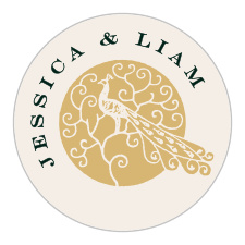 The Elegant Frame Foil Wedding Stickers feature your names encircling a lovely gold foiled emblem featuring an embellished illustration of a peacock.
