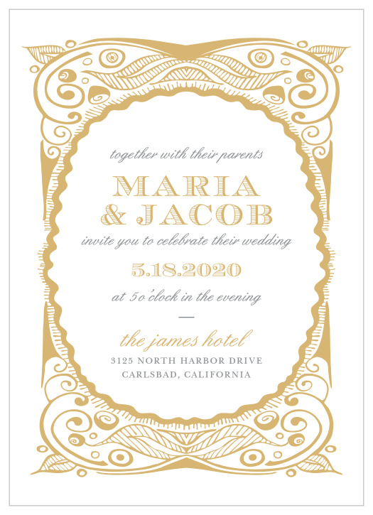 Our Hand Drawn Frame Foil Wedding Invitations feature shining gold-foil swirls interconnected in intricate designs.