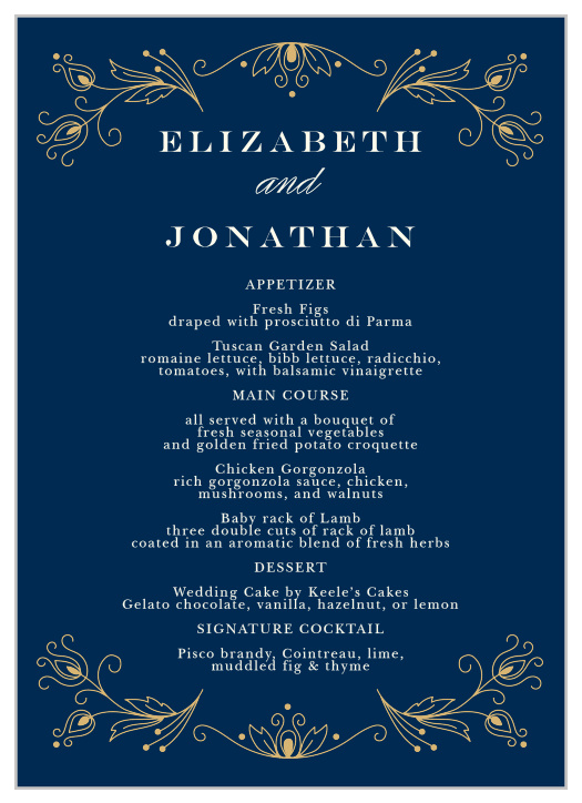 Stylized feathers create a luxurious frame on the Peacock Flourish Foil Wedding Menus.