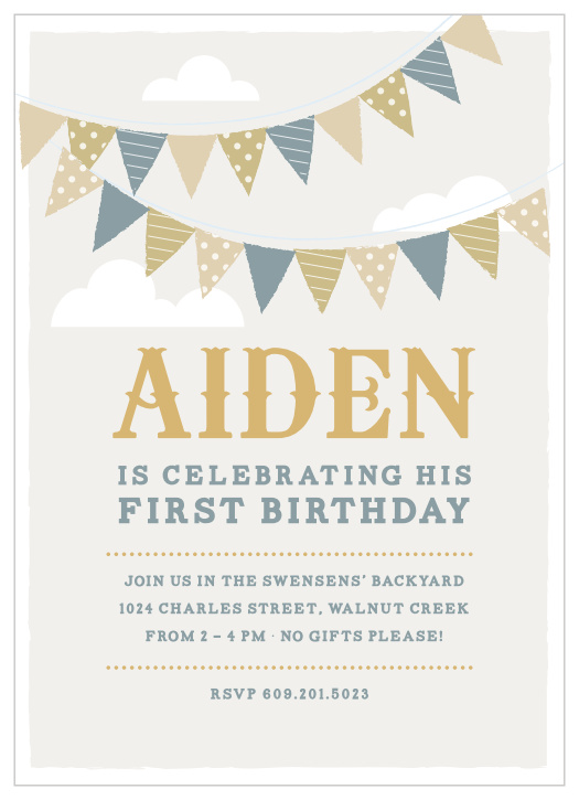 Colorful flags adorn the cloud-strewn sky of the Festival Bunting Foil First Birthday Invitations.