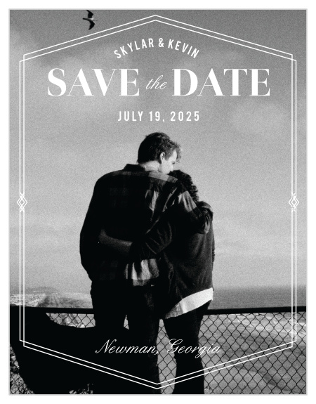 The Deco Glam Save-the-Date Magnets feature an offset, geometric frame encasing all of the cards contents atop your lovely engagement photo as the background. 