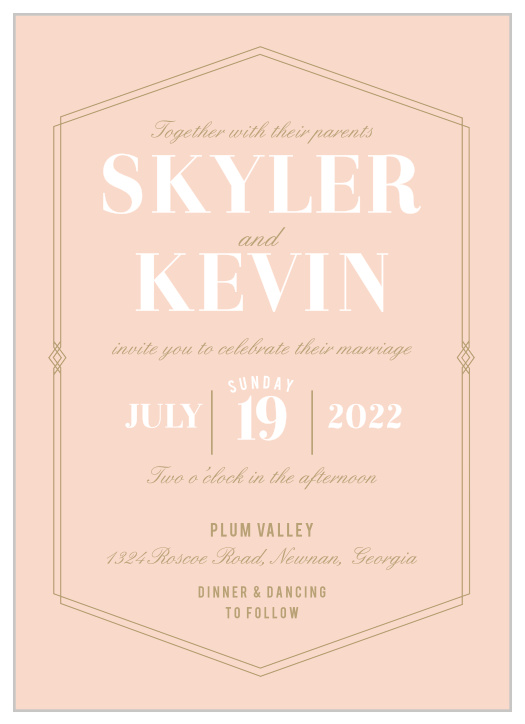 The Deco Glam Wedding Invitations feature an offset, geometric frame encasing all of the invites contents.
