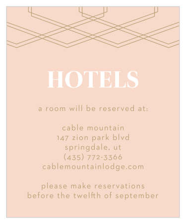 The tops of the Deco Glam Accommodation Cards are adorned with layered, offset geometric designs atop a lovely, ballet pink background.