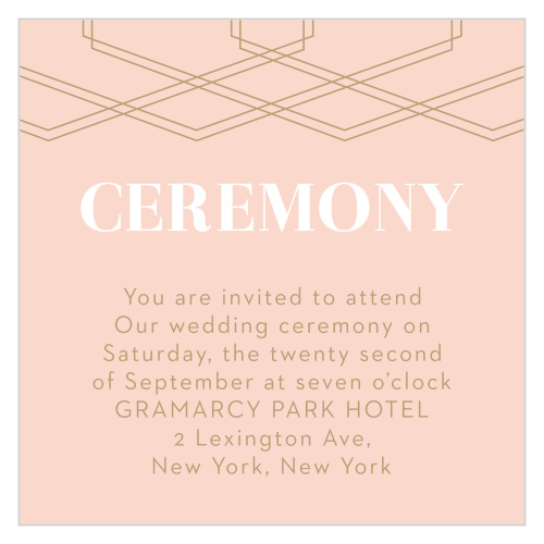 The tops of the Deco Glam Ceremony Cards are adorned with layered, offset geometric designs atop a lovely, ballet pink background.