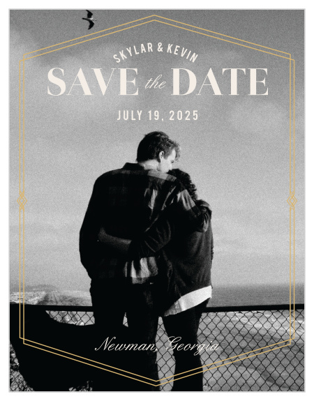 The Deco Glam Foil Save-the-Date Cards feature an offset, gold-foiled, geometric frame encasing all of the cards contents atop your lovely engagement photo as the background. 