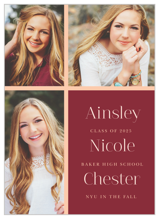 The Picture Perfect Graduation Announcement is a traditional card with 3 photos as the outside borders.