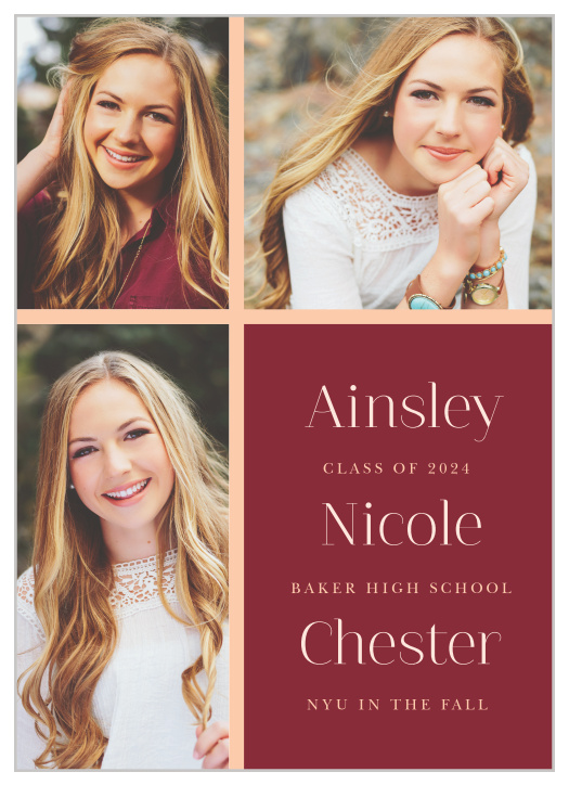 The Picture Perfect Graduation Announcement is a traditional card with 3 photos as the outside borders.