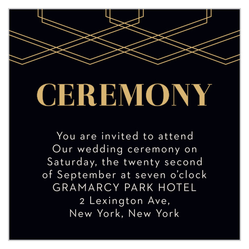The tops of the Deco Glam Foil Ceremony Cards are adorned with offset, gold-foiled, geometric designs contrasted atop a rich black background.