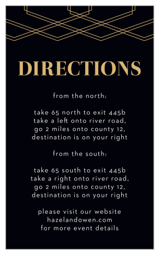 The tops of the Deco Glam Foil Direction Cards are adorned with offset, gold-foiled, geometric designs contrasted atop a rich black background.