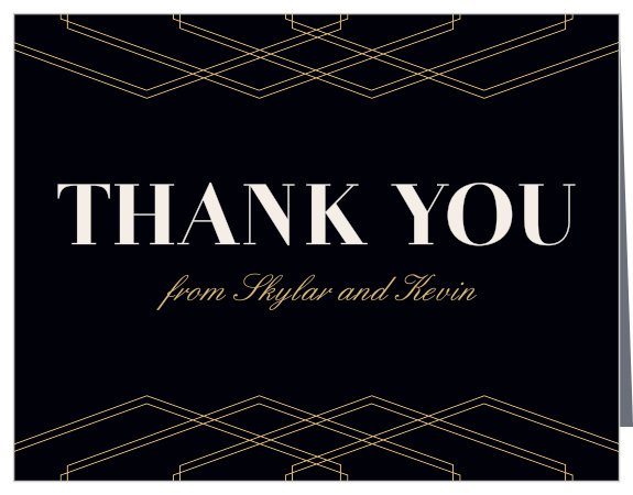 The tops of the Deco Glam Foil Thank You Cards Cards are framed with offset, gold-foiled, geometric designs contrasted atop a rich black background.