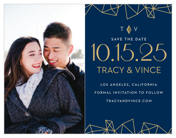 Three dimensional diamonds are tastefully scattered across the edges of the Modern Deco Foil Save-the-Date Magnets.