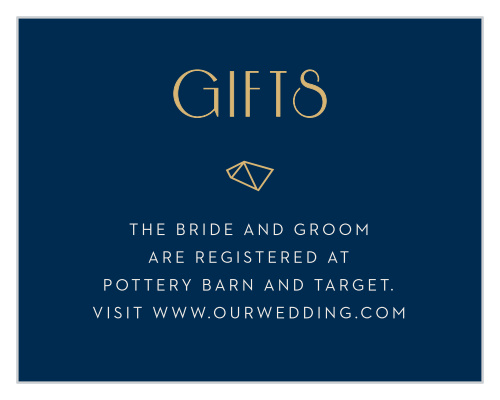 The heading of the Modern Deco Foil Registry Cards is done up in a large, retro, gold foiled typeface with an asymmetrical diamond accent set against a rich navy background. 