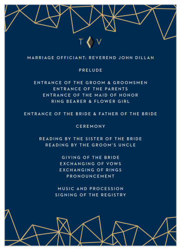 Retro, gold foiled diamonds are tastefully scattered across the edges of the Modern Deco Foil Wedding Programs, with a simple, modern monogram decorating the front and back.