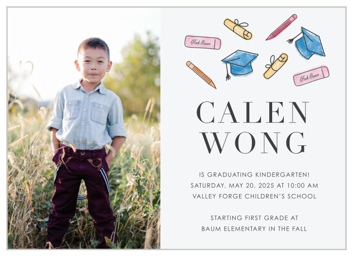 Our New Beginnings Graduation Announcement has everything to love about childhood and, with some room for graduation details and a photo.