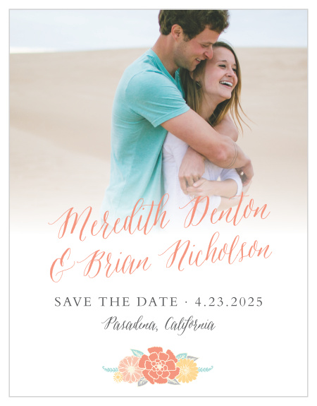 One of your favorite engagement photos serves as the background of our Sweet Bloom Save-the-Date Cards, with its bottom half fading into the white background that houses your wedding details.