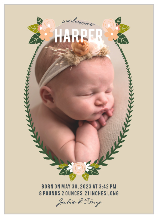 The highlight of our Herbaceous Babe Birth Announcements is, as it should be, the newest member of your family.
