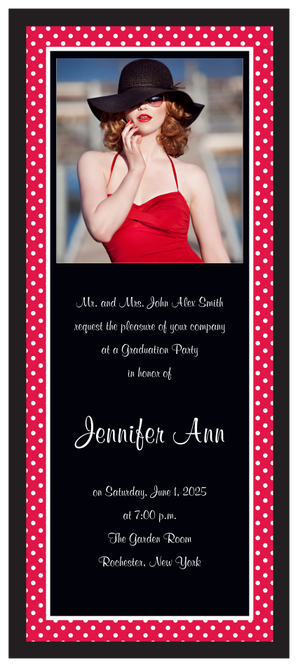 The Polka Dot Tea Graduation Announcement is a fun tea length with a polka dot border and room for a photo on the top.