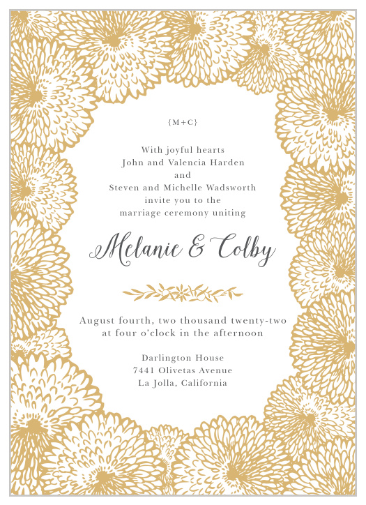 Flowers with abundant petals create a lush border on the Full Bloom Foil Wedding Invitations.