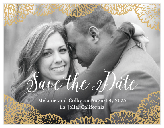 Flowers bursting with petals frame your engagement photo on the Full Bloom Foil Save-the-Date Magnets.