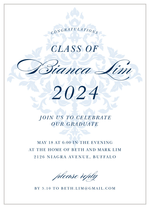 Classic damask design features an elegant damask motif against the graduate Invitation details. Beautiful elegant typography for every detail of your graduation Invitation.