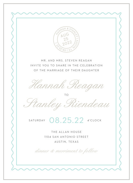 Composed from the heart, in colors of glass blue and smoky taupe and embellished with retro script and a postmark emblem, the Note Home Wedding Invitations are more than an invitation, they're a momento of the love you and your betrothed share!