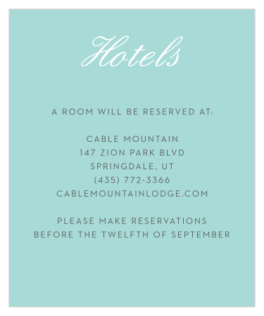 Composed from the heart, in glass blue and embellished with retro script the Note Home Accommodation Cards are a charming choice to provide your traveling guests with reservations!