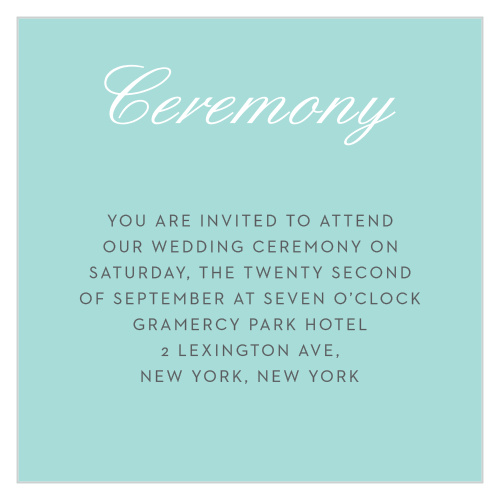 Composed from the heart, in glass blue and embellished with retro script the Note Home Ceremony Cards are a charming way for you to give detailed information to your guests without compromising the clean design of your invite!