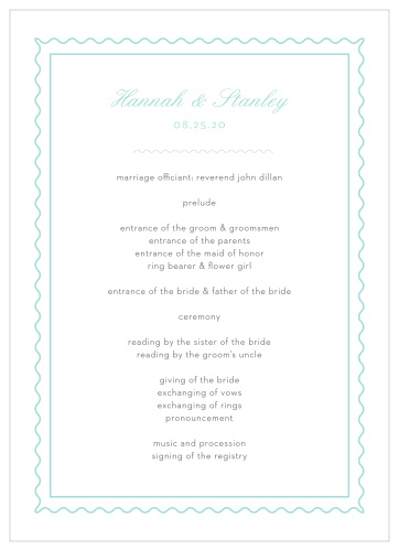 Composed from the heart, in colors of glass blue and smoky taupe and embellished with retro script and a hand drawn frame, the Note Home Wedding Programs are an endearing way to provide a schedule of the evening for your guests!