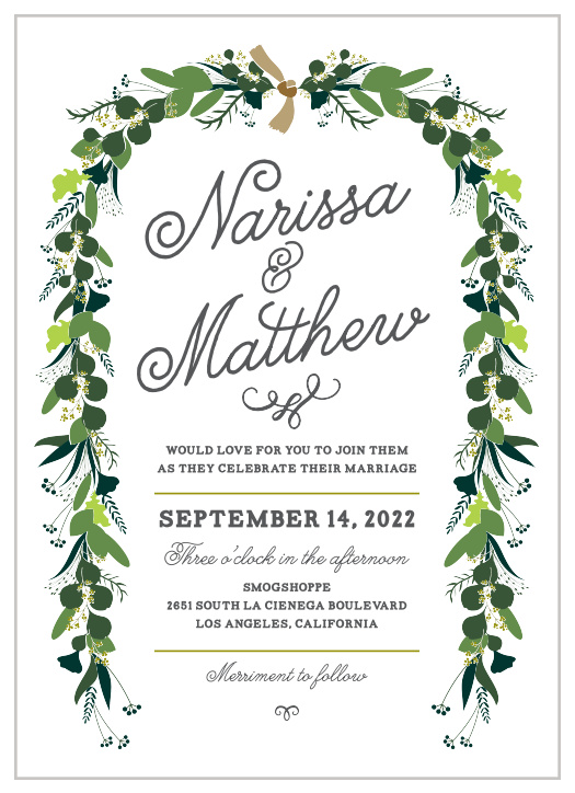 A scrolling, swirling cursive spells out your names in the center of our Hanging Garland Wedding Invitations. 