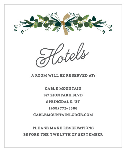 A stunning calligraphy titles your Hanging Garland Accommodation Cards, floating just below the festive wreath that's iconic on our Hanging Garland wedding suite.