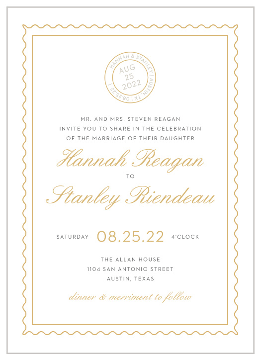 Composed from the heart, in gold foil, french grey and smoky taupe and embellished with retro script and a postmark emblem, the Note Home Foil Wedding Invitations are more than an invitation, they're a momento of the love you and your betrothed share!